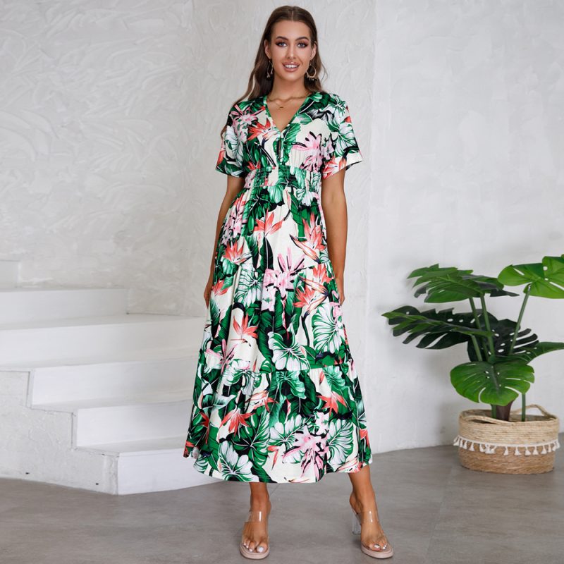 Summer Slim Fit Elegant Dress Cotton V neck Long Floral