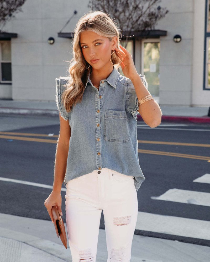 Spring Summer Sleeveless Denim Shirt Loose Top Women