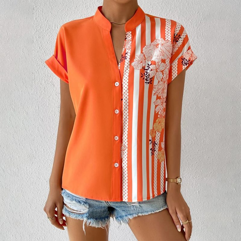 Spring Summer Women Double Striped Contrast Color Floral Button Cardigan Short Sleeve Shirt Women