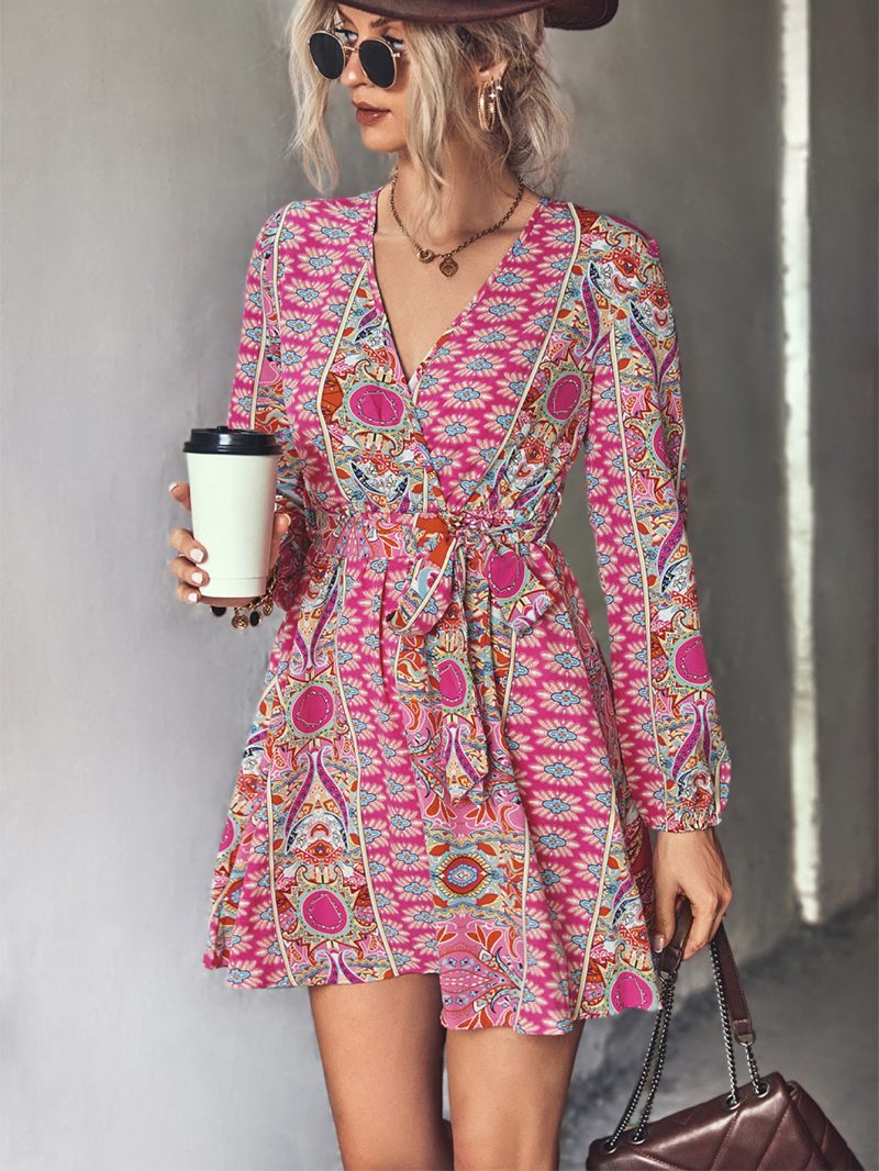 Popular Women Clothing V neck Printed Dress