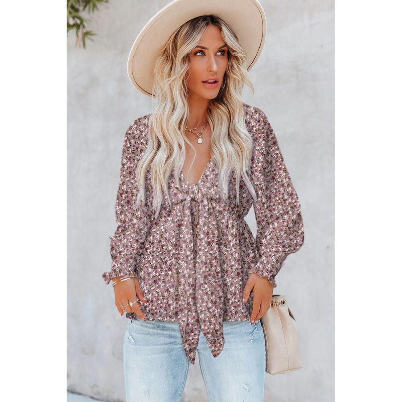 Waist Slimming Lace-up Chiffon Shirt Women Autumn Floral Long Sleeve Top