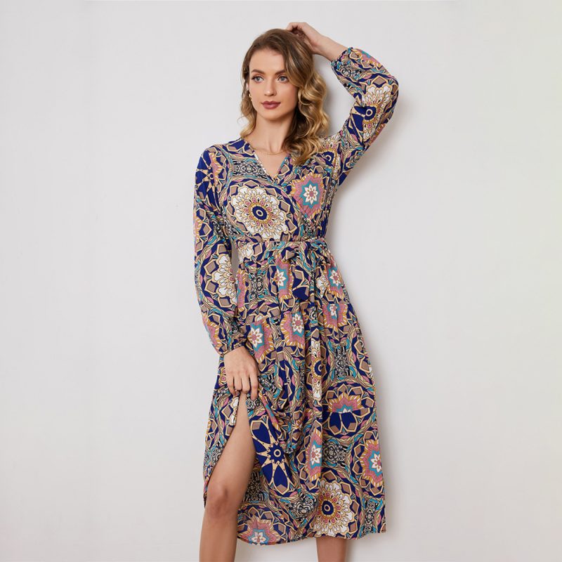 Abstract Holiday Floral Print Lace up Waist Controlled Long Sleeve Dress