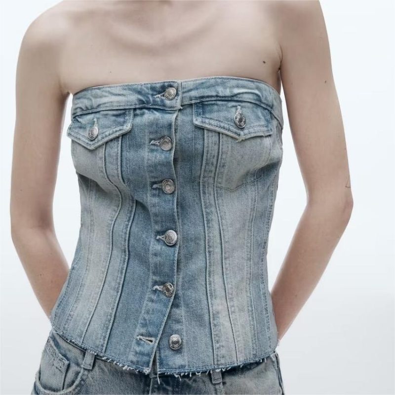 Early Autumn Women's Clothing Denim Corset Single Breasted Cropped Small Top