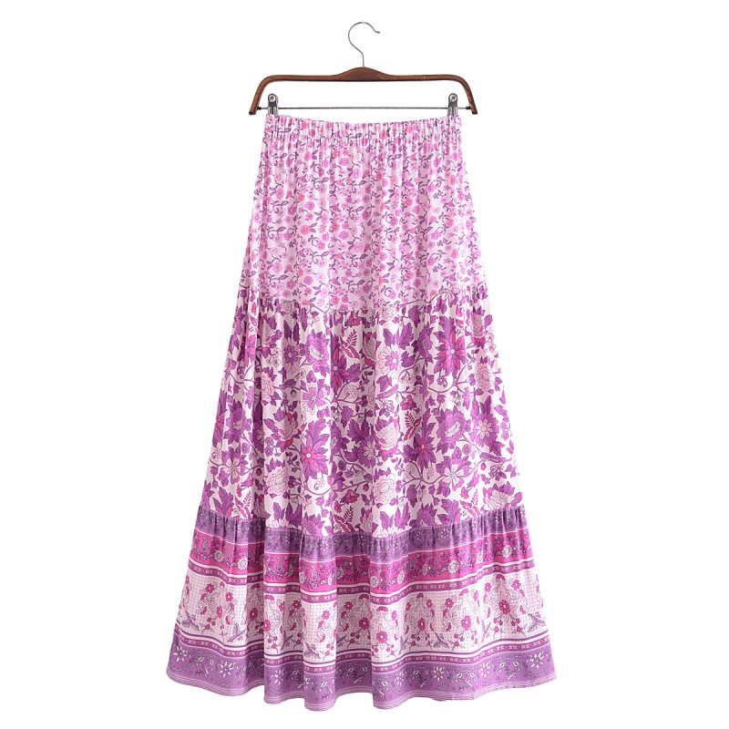 Autumn Urban Casual Women Printed Elastic Waist Loose Maxi Dress Skirt