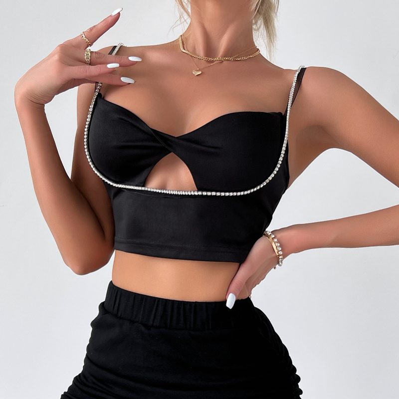 Women Clothing Low Cut Sexy Cutout Sling Diamond in the Debris Stitching Cross Cropped Short Sleeveless Top