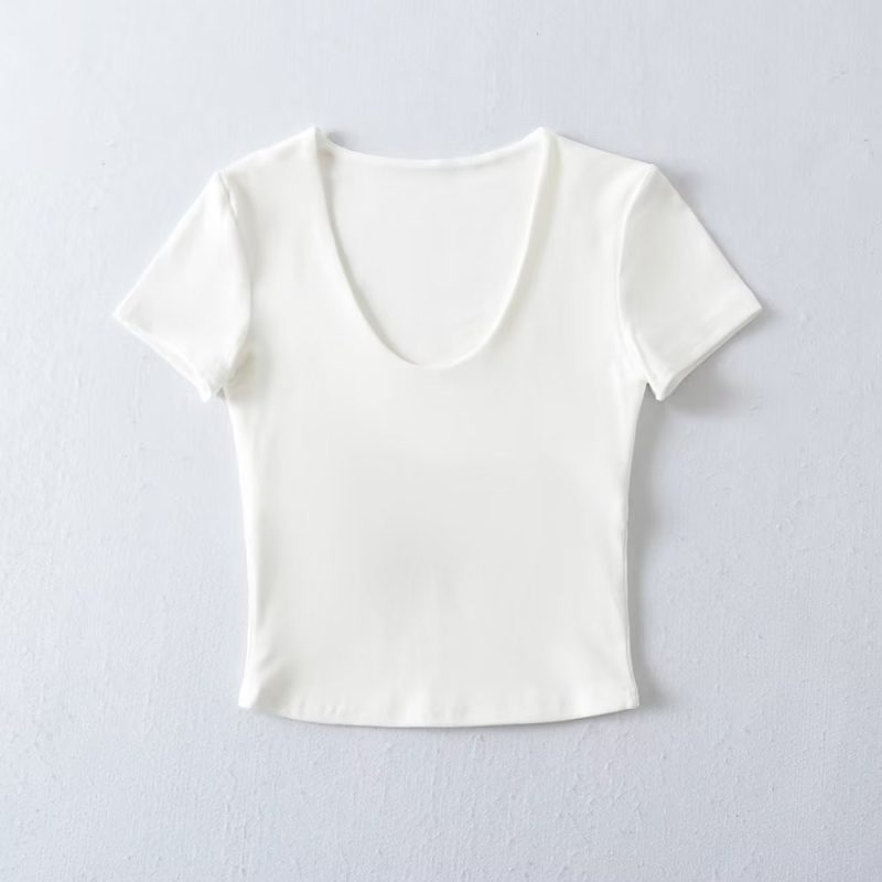 Solid Color V neck Tight Short Sleeved T shirt Women Summer Sexy Cropped Slim Fit Crop-Top