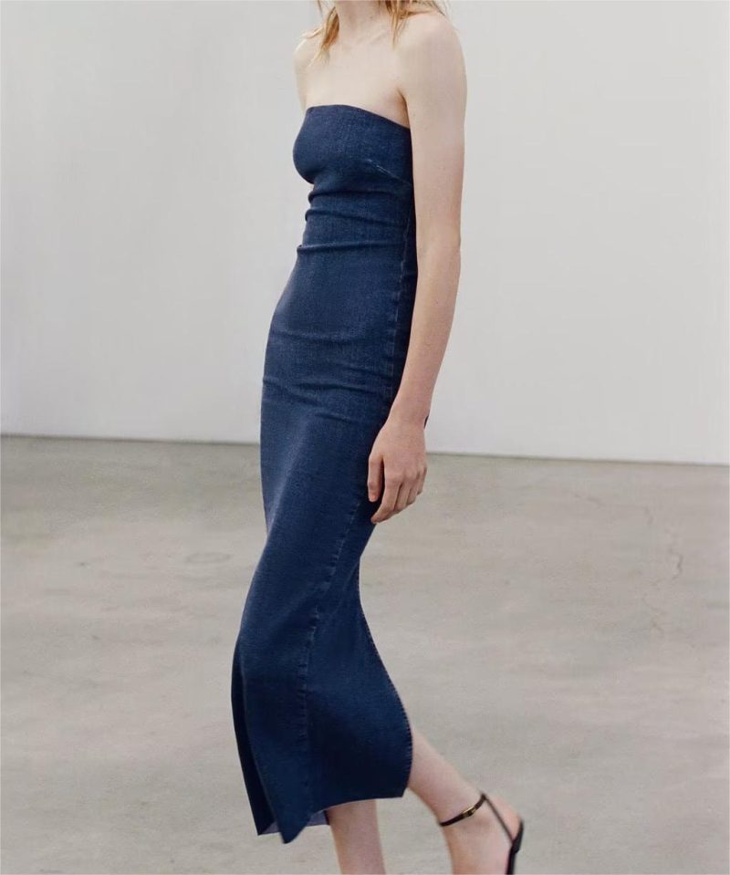 Summer Women Clothing Sexy Straight Strapless Dress Slim Fit Slit Denim Dress