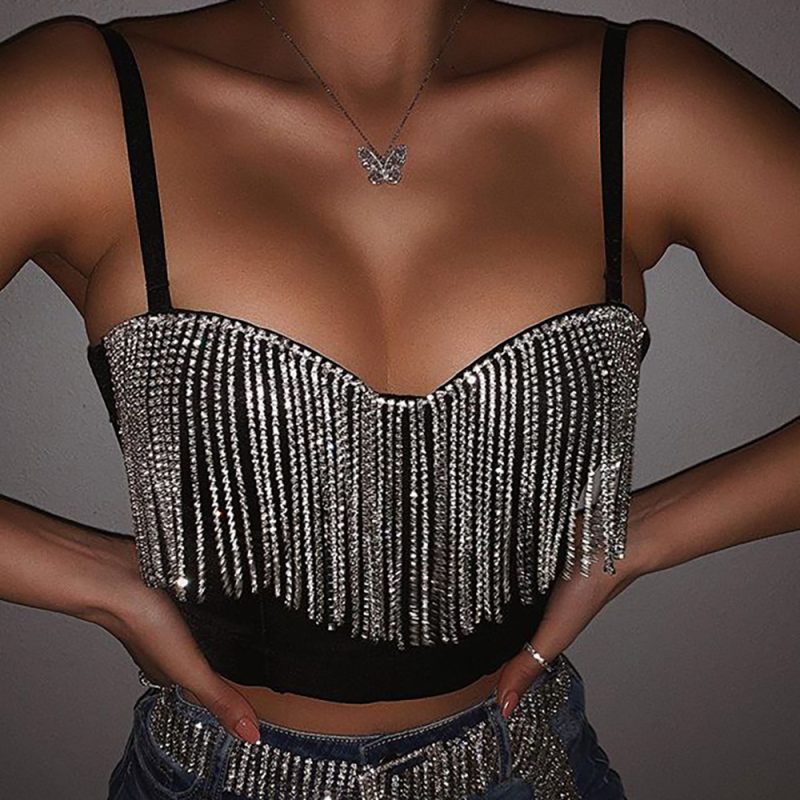 Summer Solid Color Stitching Light Diamond Tassel Wrapped Chest cropped Vest Women