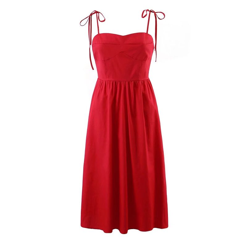 Summer Bow Lace-up Red Waisted Strap Dress Maxi Dress