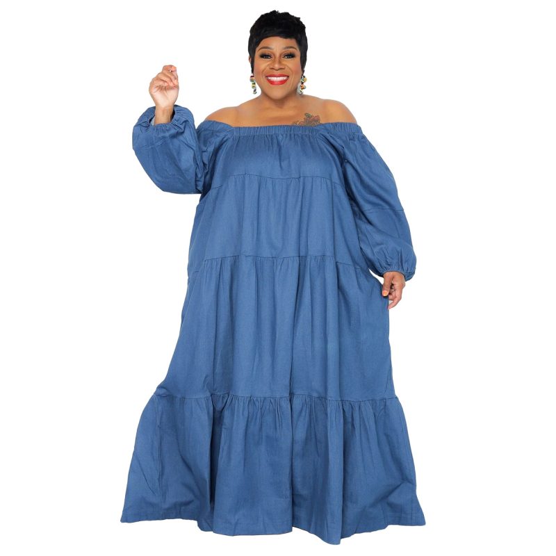 Plus Size Solid Color Denim Fabric Soft Women Swing Ruffled off-the-Neck Dress for Women