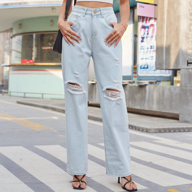 Women Clothing Trade Washed Light Retro Casual Ripped Denim Trousers Women