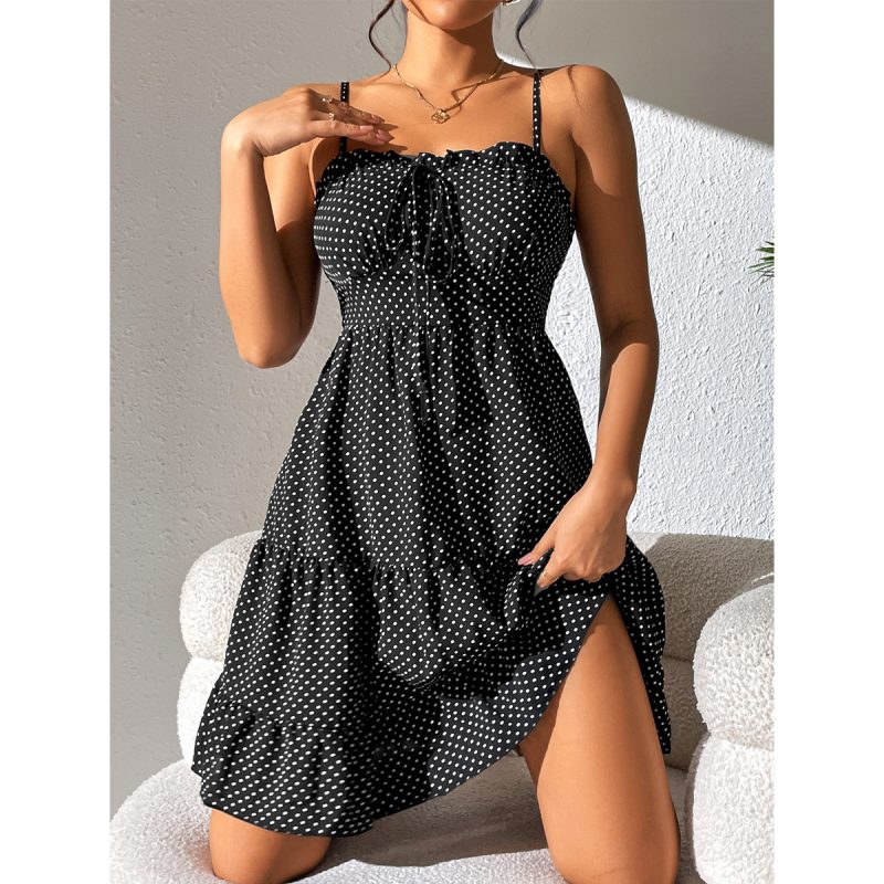 Dress Wrapped Chest Lace Up Polka Dots Strap Dress