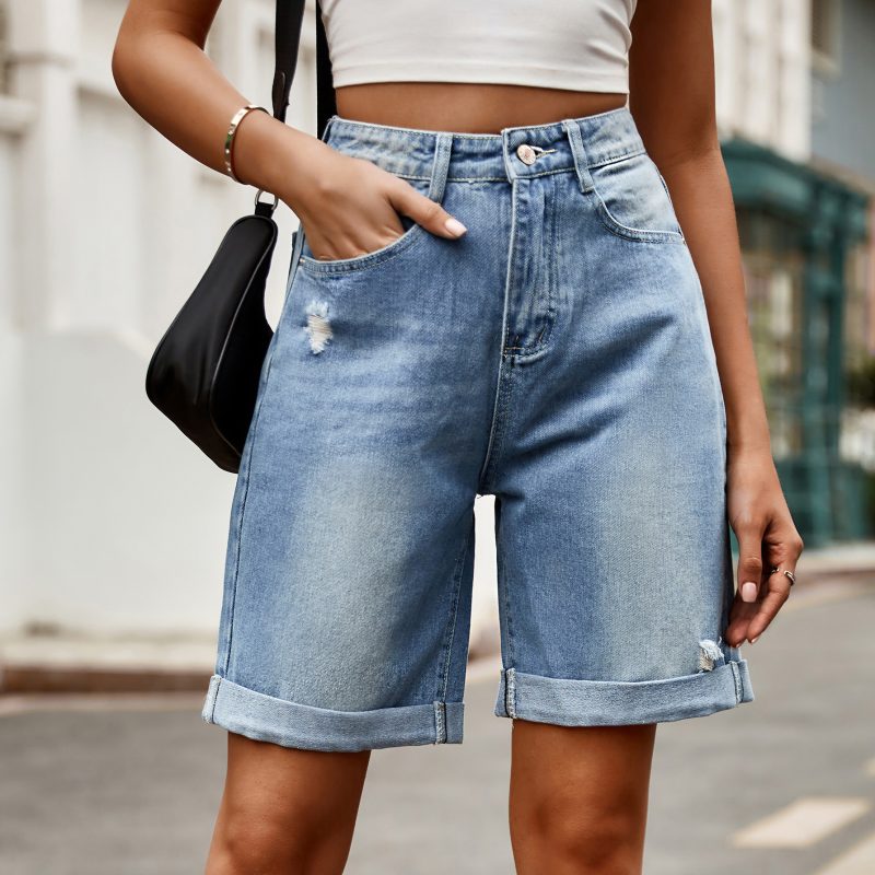 Women Clothing Trade Ripped Curling Five Point Denim Shorts Casual Pants