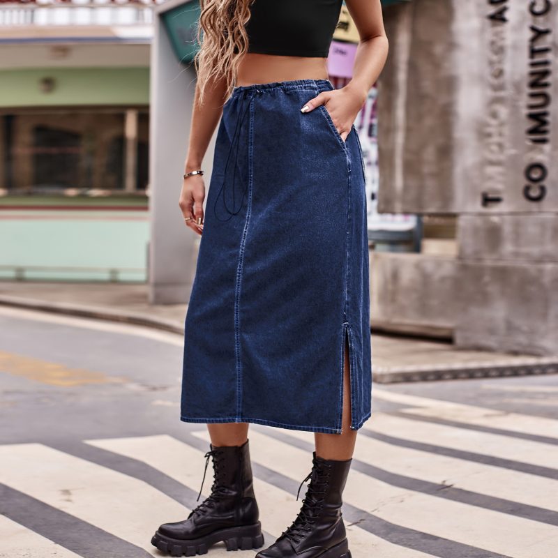 Women Clothing Half Elastic Waist Drawstring Denim Midi Skirt