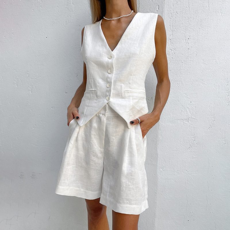 Design Cotton Linen Suit Vest Suit Women Summer Casual Sleeveless Tank Top Shorts Two Piece Suit