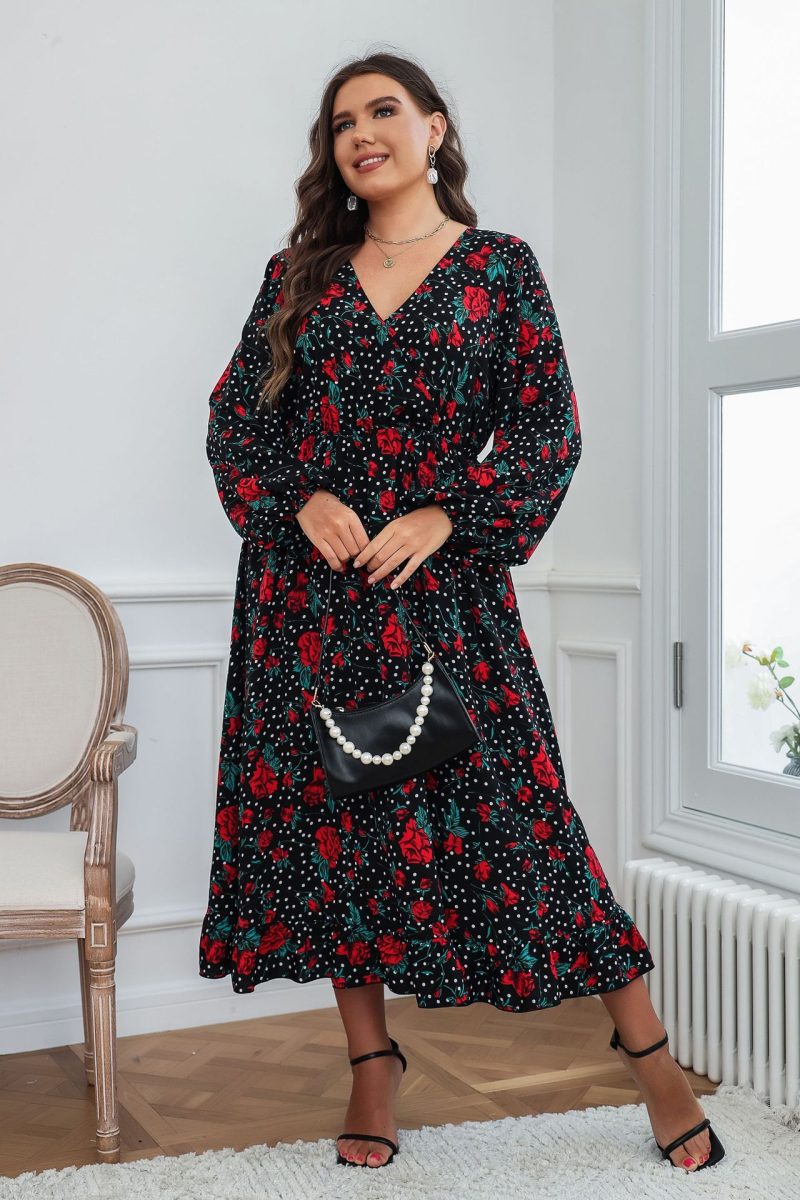 Plus Size Autumn Woven Black Chiffon Big Swing Type Office Printed  Dress Cotton Korean Shirt Dress