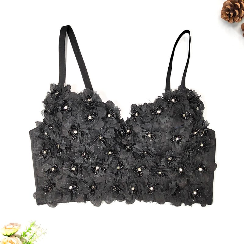 Three Dimensional Floral Beaded Camisole Elegant Graceful Short Detachable Shoulder Strap Tube Top Sexy Bare Back Bra