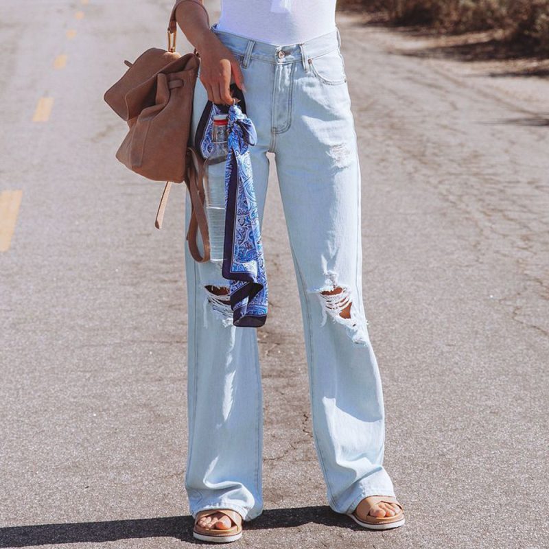 Summer Water Washed Hole High Waist Denim Pants Casual Pants Wide-Leg Pants for Women