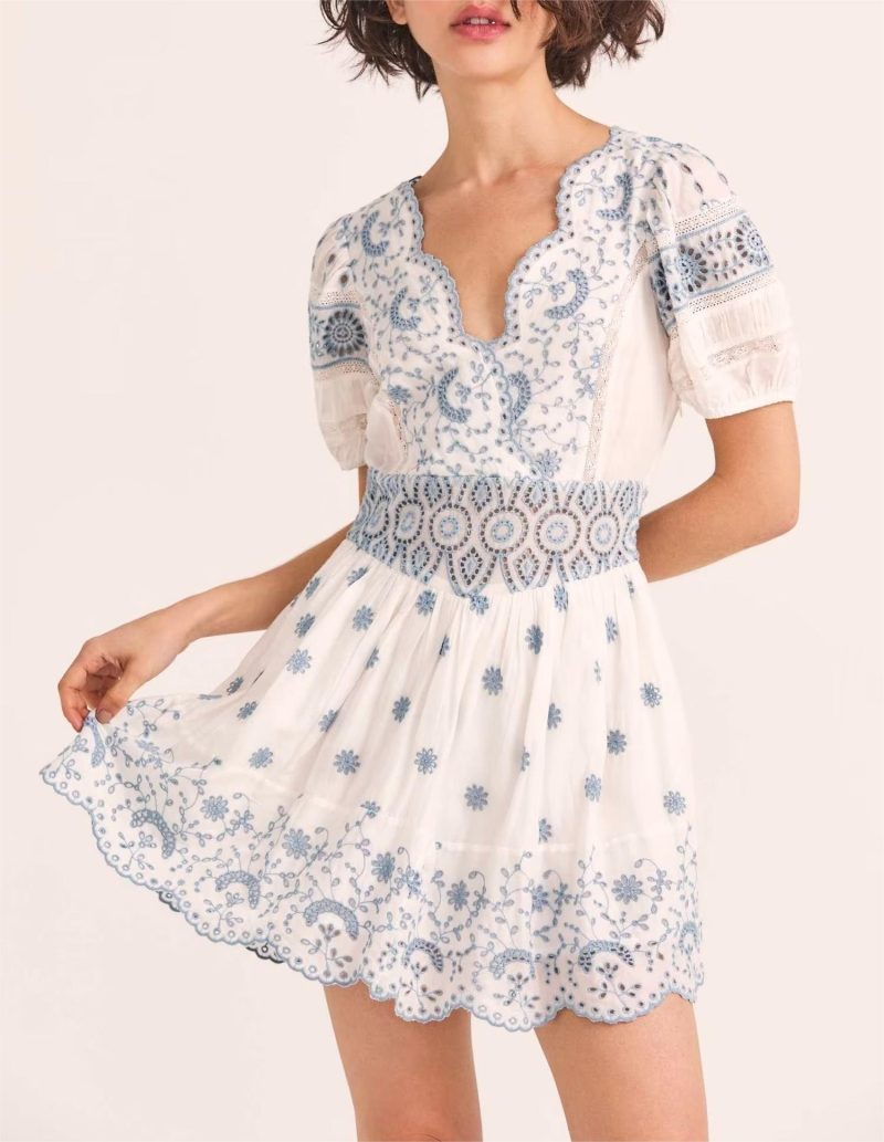 Autumn Winter Women Clothing Blue White Porcelain Machine Embroidery Multi Stitching Dress