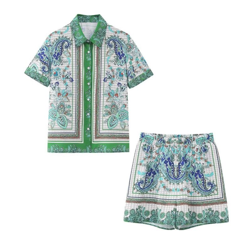 High Street Printed Shirt Suit Vintage Green Floral Full Printed Positioning Shirt Casual Cardigan Shorts Matching