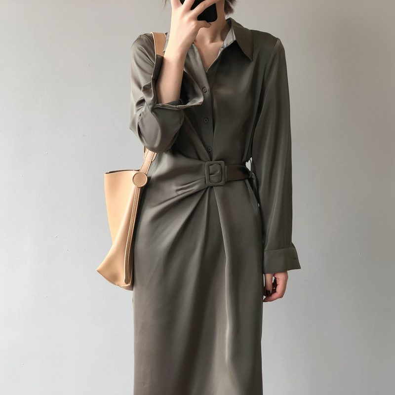 Spring Korean Satin Shirt Dress Women Maxi Dress Women