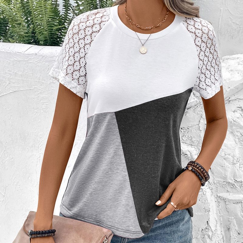 Women Clothing Summer Color Contrast Patchwork round Neck Loose Short Sleeves Casual T shirt Top Women