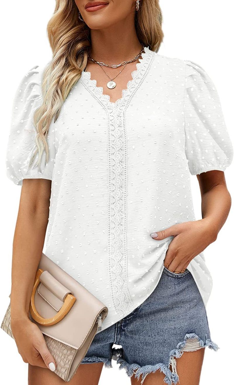 Summer Women Clothing V Neck Lace Dot Puff Short Sleeve Chiffon Shirt