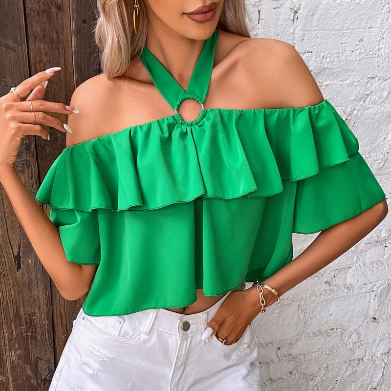 Off Shoulder Sexy Sexy Top Solid Color off the Cropped Halter off the Shoulder Ruffled