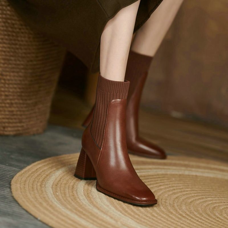 Vanessa's Knitting Autumn Winter Ankle Boots Cow Leather Slip On Short Sock Boots