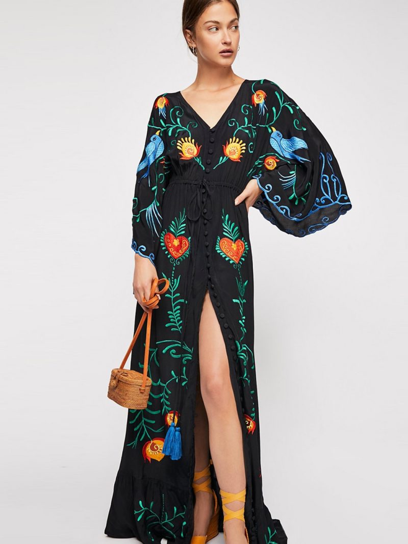 Spring Autumn Women Loose Casual Kimono Floral embroidered Maxi Dress Boho Ruffle Hem Beach Dresses