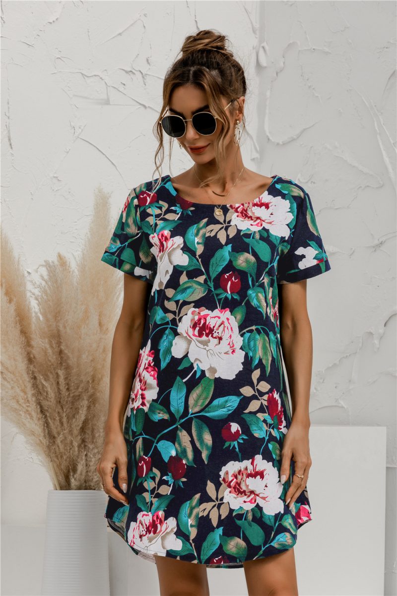 Spring Summer Plus Size  Recommended  Short Sleeve Round Neck Cotton Linen Floral Print Dress