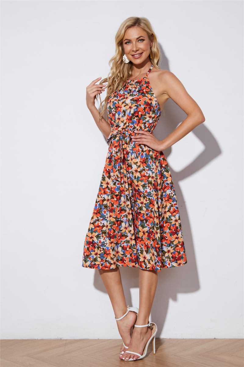 Printed High Waist Lace-Up Summer Dress