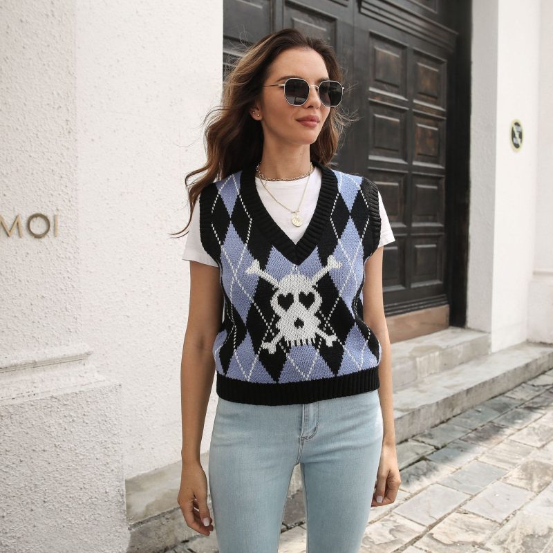 Skull Jacquard Rhombus Halloween Sweater Women Autumn Winter Knitwear Halloween