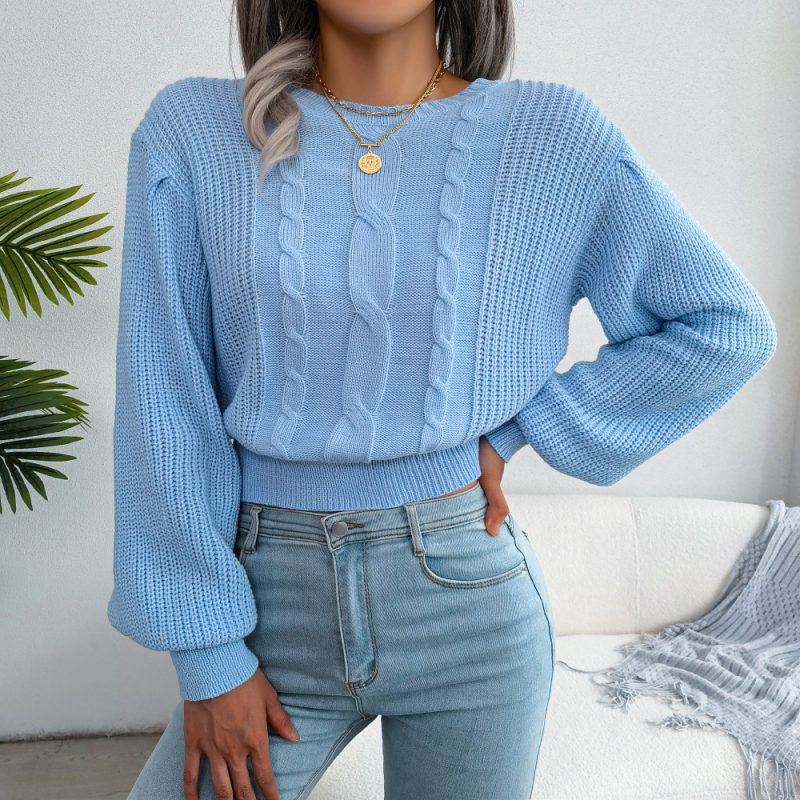 Lantern Sleeve Waist-Trimming Knitted Sweater