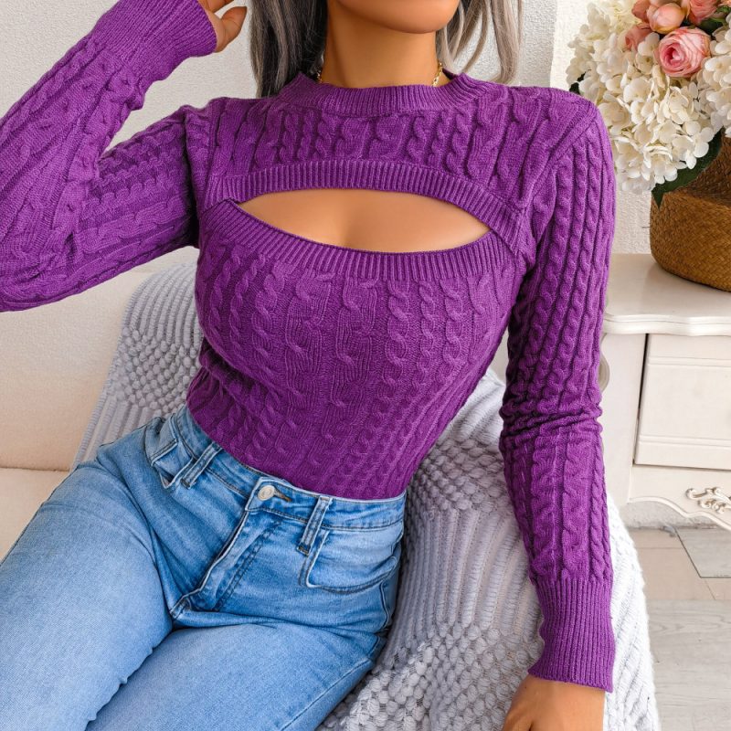 Hollowed-Out Twist Long Sleeve Sweater