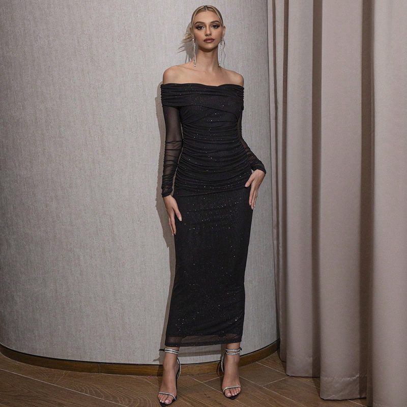 Autumn Elegant Dress Tube Top Long Sleeve Mesh Toast Clothing Maxi Dress