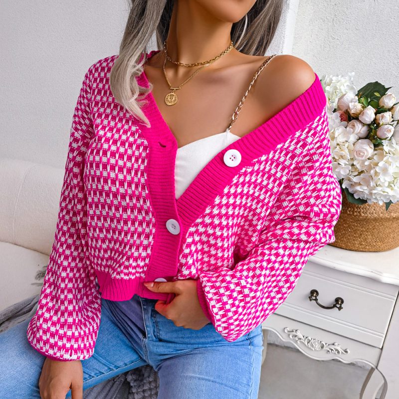 Contrast Check Lantern Sleeve Cardigan