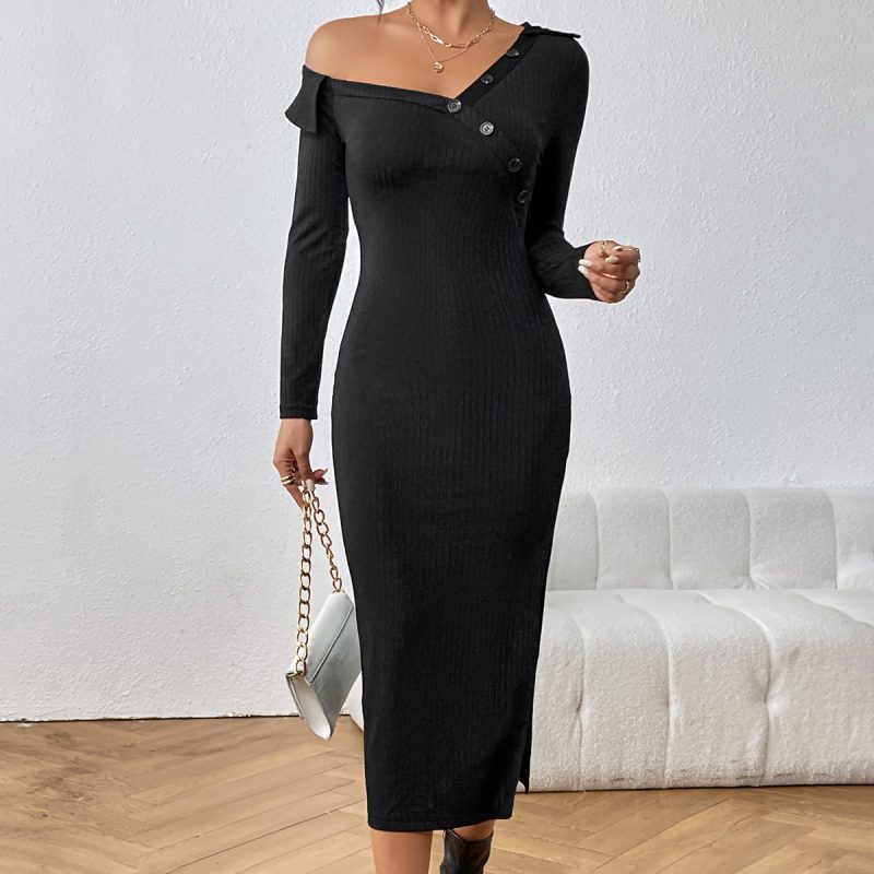 Slim High-Waist Slit Dress with Diagonal Neckline