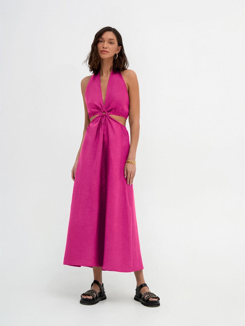 Backless Cotton Linen Halter Maxi Dress