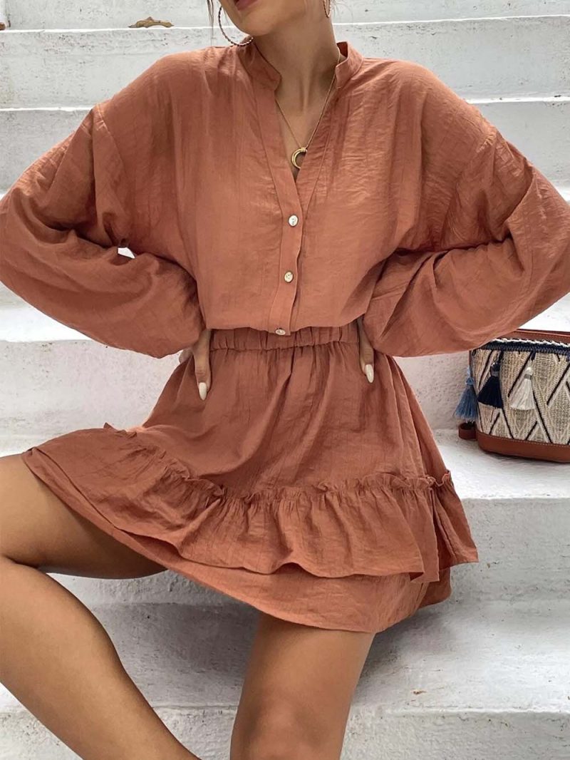 Long Sleeve Rayon Ruffle A-Line Dress