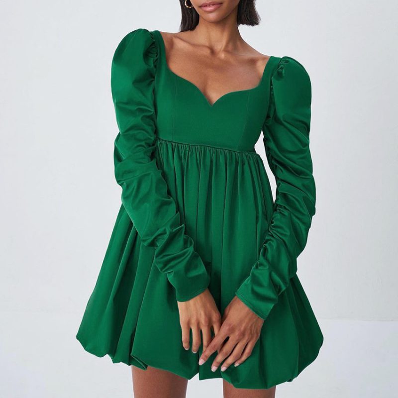 Green Lantern Dress with Long Sleeve Satin Drape