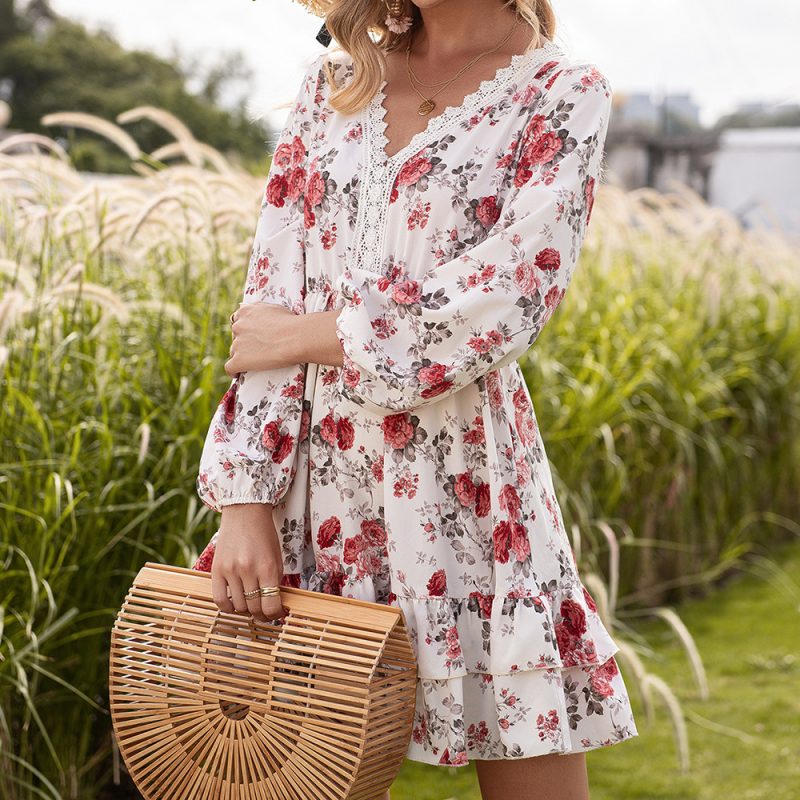 Floral Lace V-Neck Long Sleeve Dress