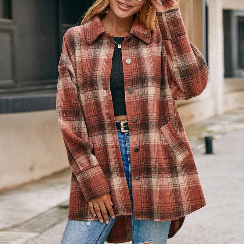 Plaid Brushed Shacket Coat for Women