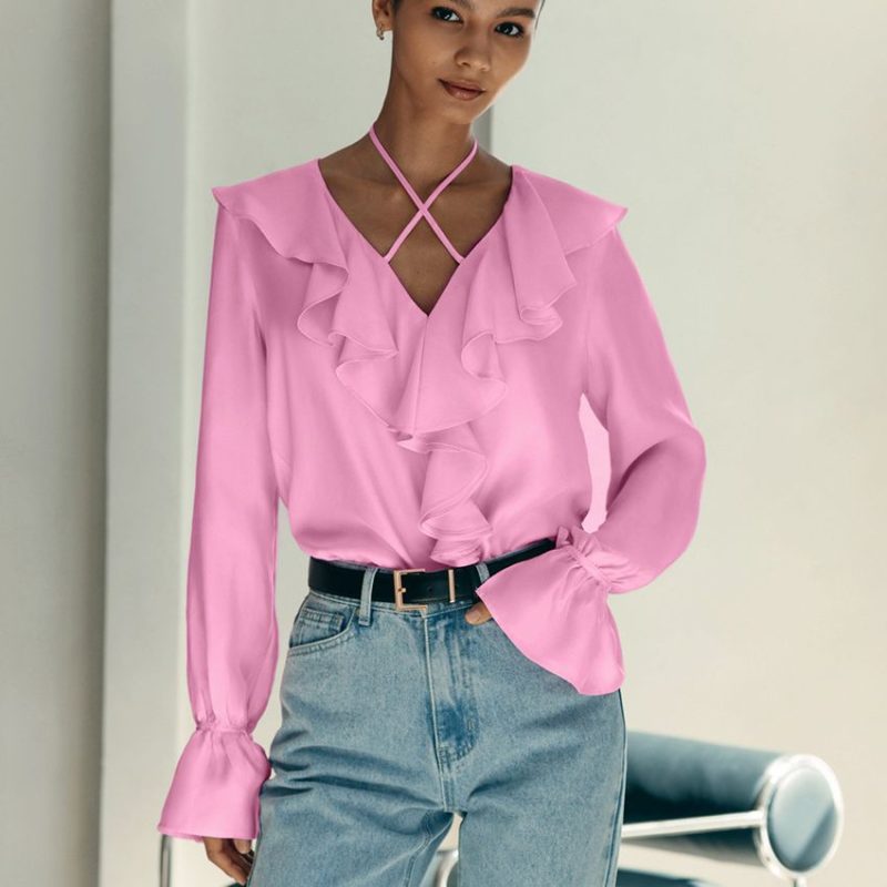 French Ruffled V-neck Puff Sleeve Shirt