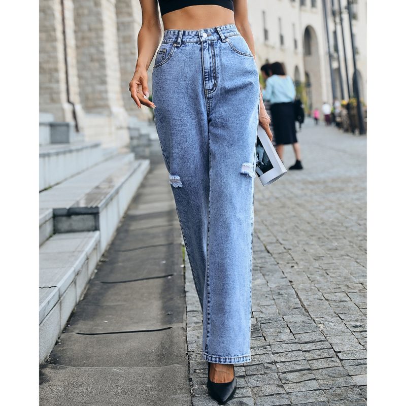 High Waist Ripped Denim Trousers