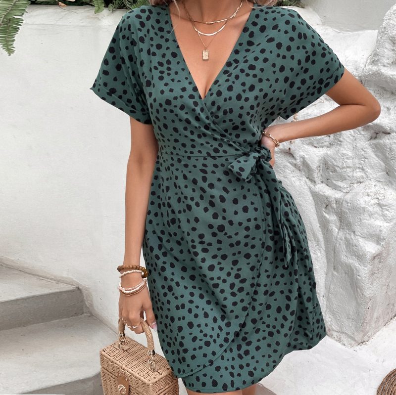 Polka Dot Swing Dress with Sexy V-Neck and Ruffled Waist