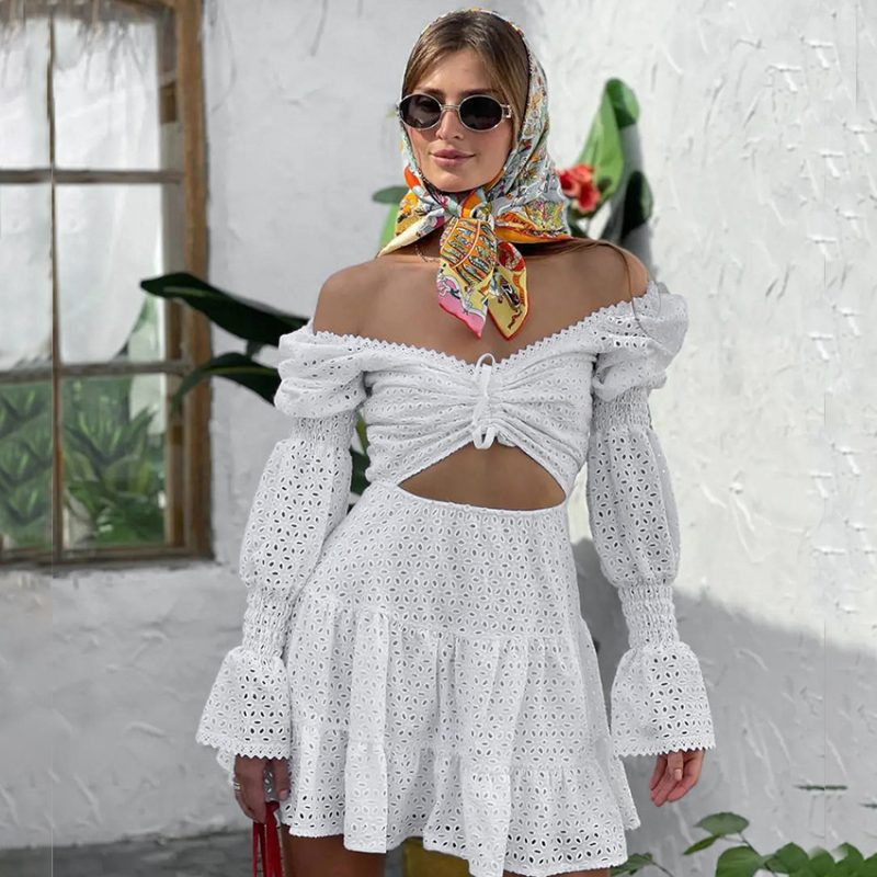 Bohemian Pure Cotton White Puff Sleeve Dress