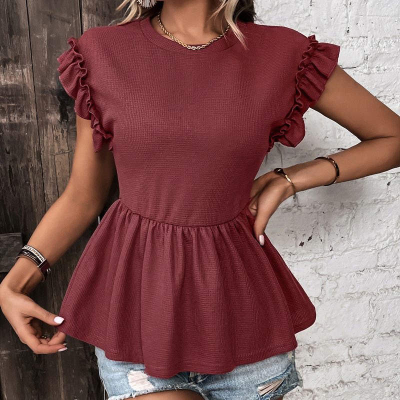 Office-Ready Solid Color Ruffle T-shirt