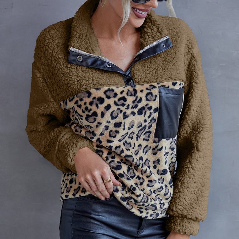 Leopard Fluffy Sweater with Faux Leather Patchwork Coa