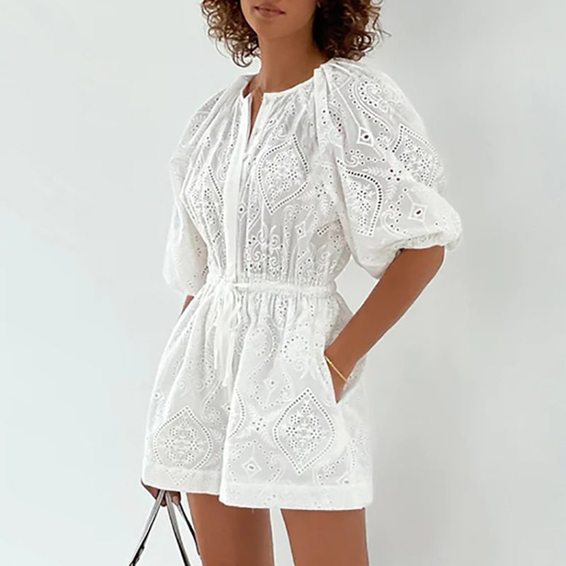 White Jacquard Puff Sleeve Jumpsuit